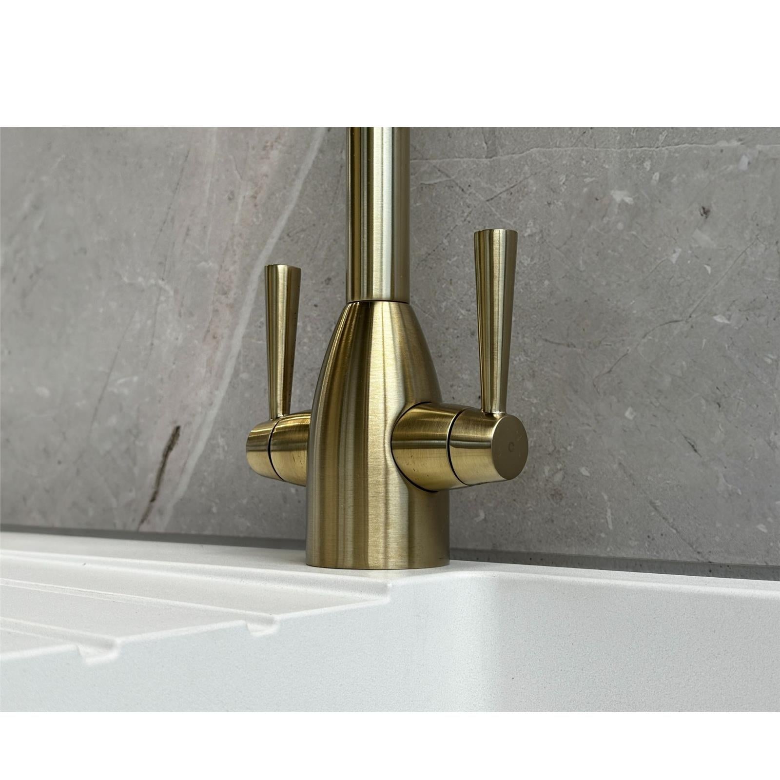 Liquida W05BG Swan Neck Monobloc Twin Lever Brushed Gold Kitchen Mixer Tap